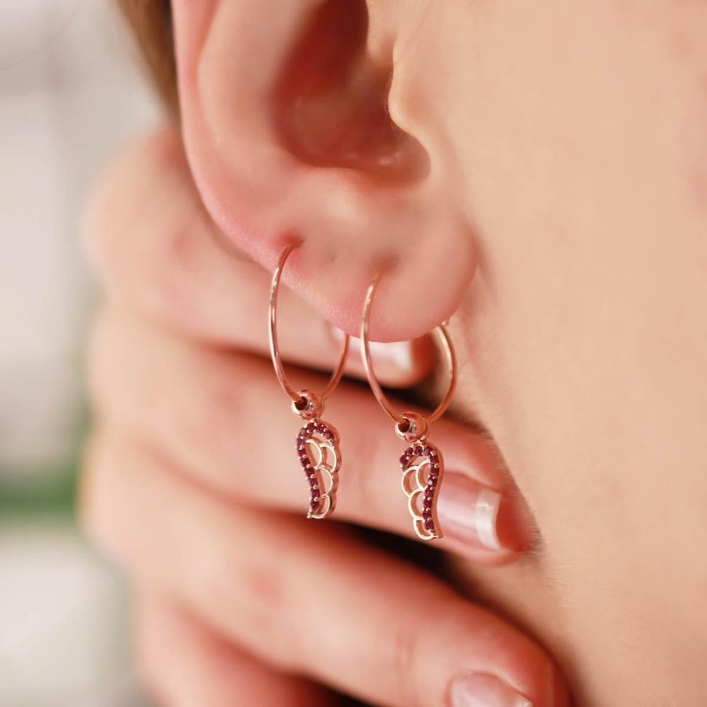 Melek Kanadı Fuşya Zirkon Taşlı Rose Gold Kaplama Gümüş Halka Küpe