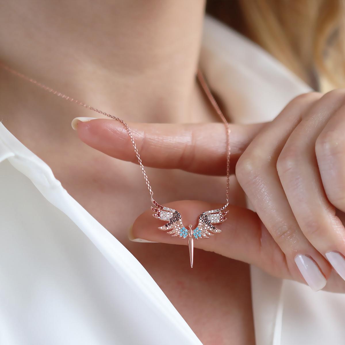Mikail Meleği Renkli Zirkon Taşlı Rose Gold Kaplama Gümüş Kolye