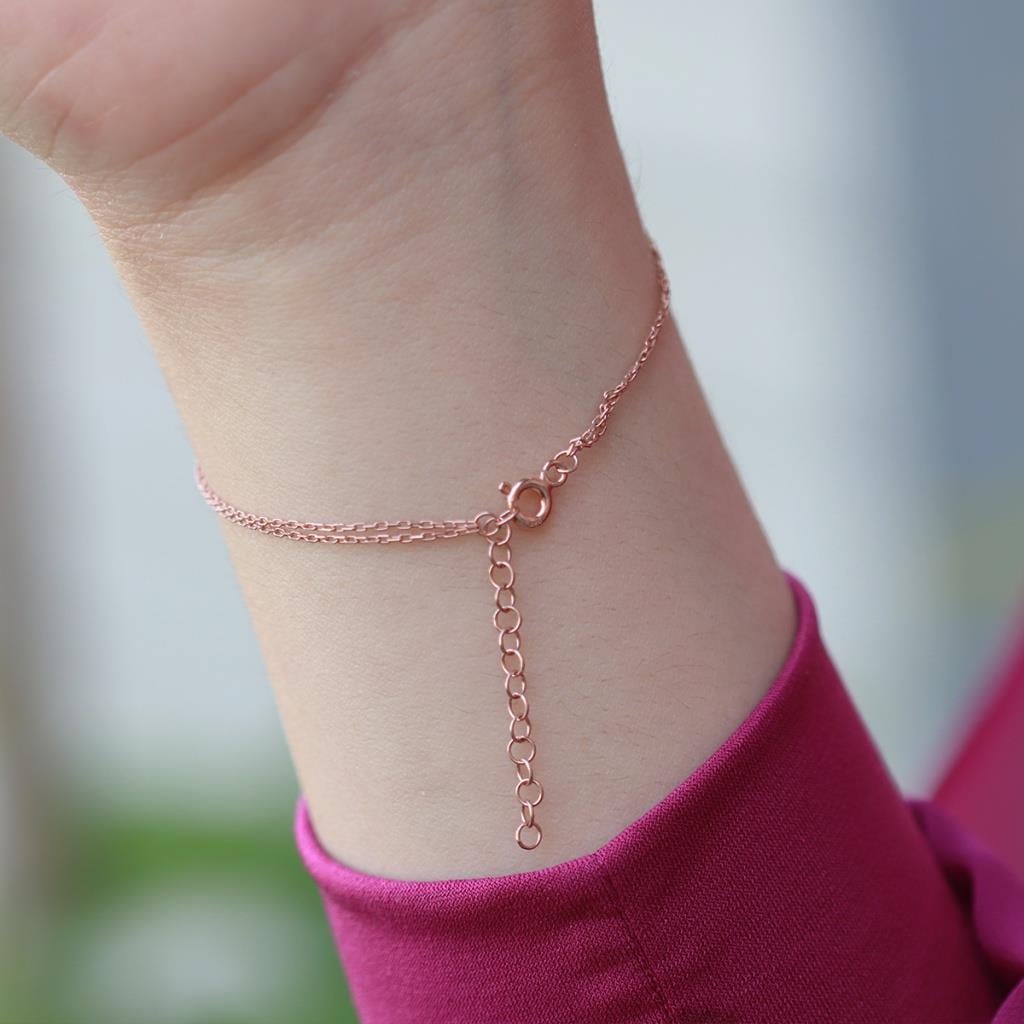 Mine İşli Göz Model Çift Zincirli Rose Gold Kaplama Gümüş Bileklik