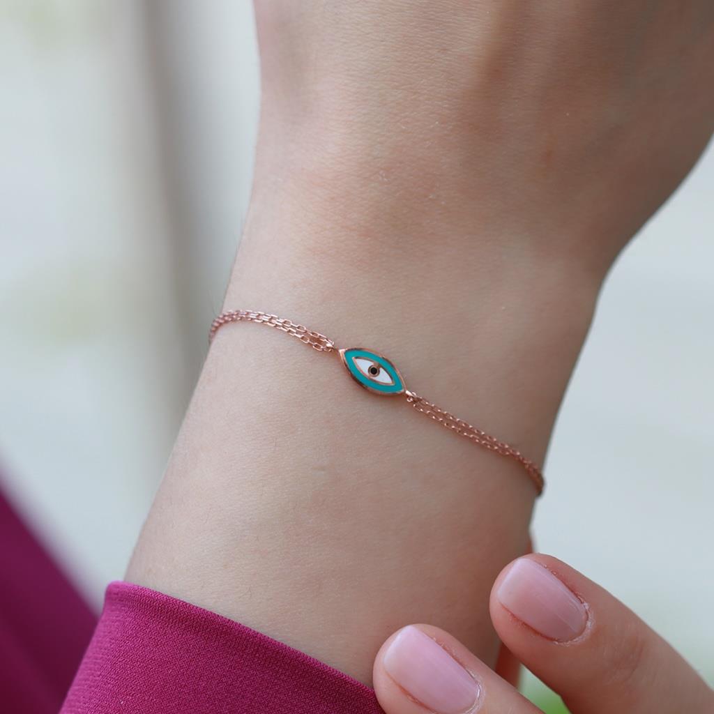 Mine İşli Göz Model Çift Zincirli Rose Gold Kaplama Gümüş Bileklik