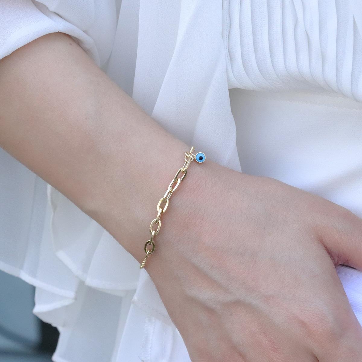 Mini Geçme Halkalı Nazar Boncuklu Gold Kaplama Gümüş Hallow Bileklik