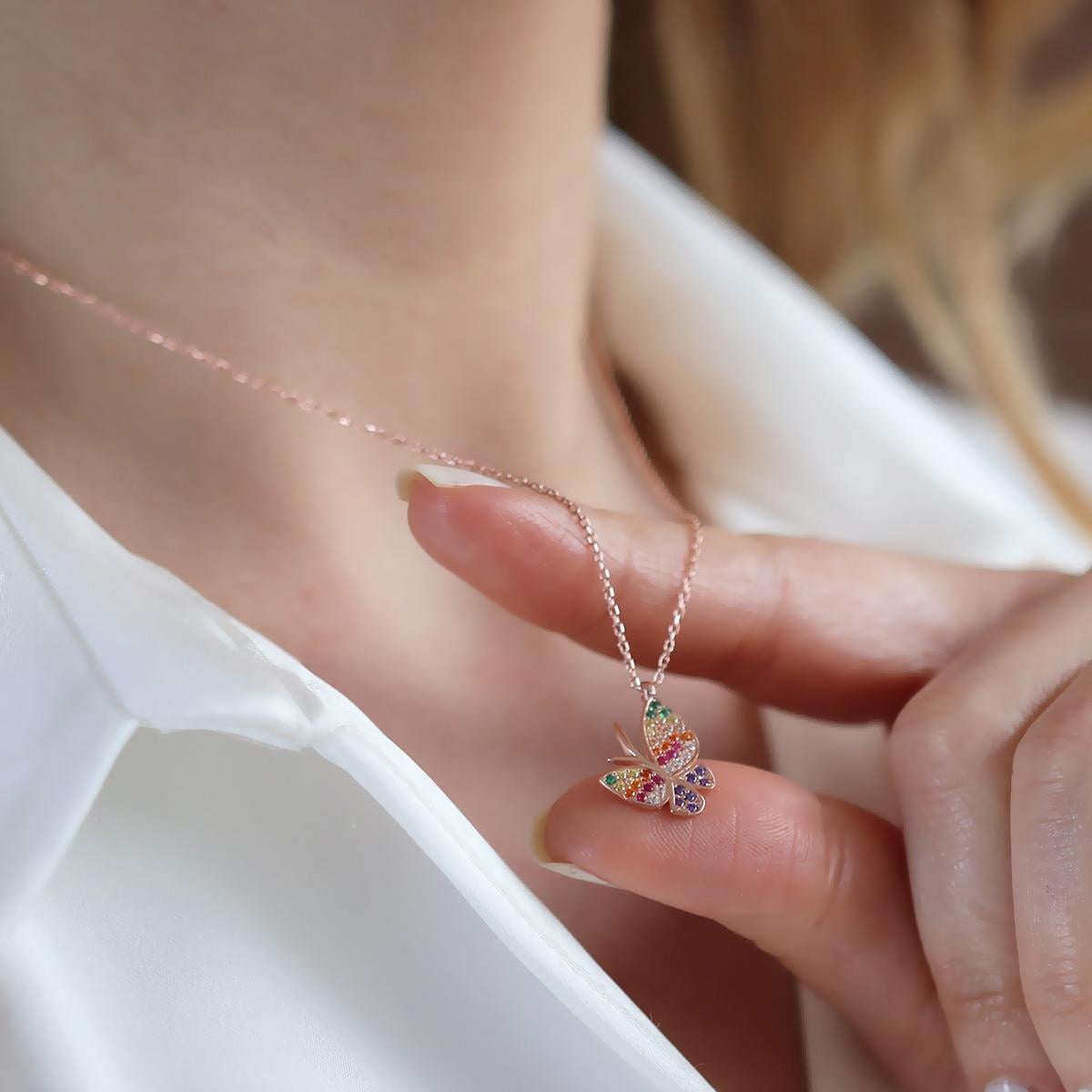 Mini Kelebek Renkli Zirkon Taşlı Rose Gold Kaplama Gümüş Kolye