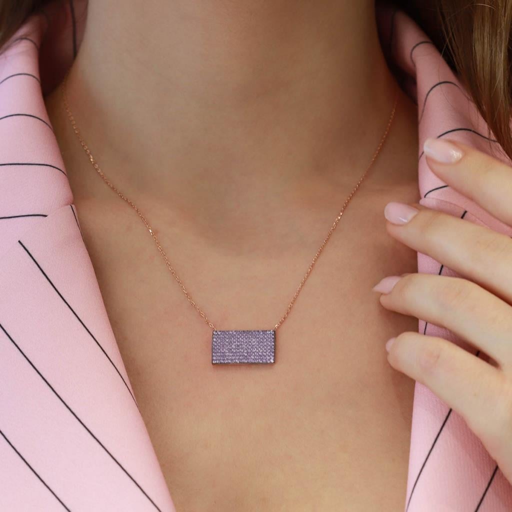 Mor Zirkon Taşlı Rose Gold Kaplama Dikdörtgen Gümüş Kolye