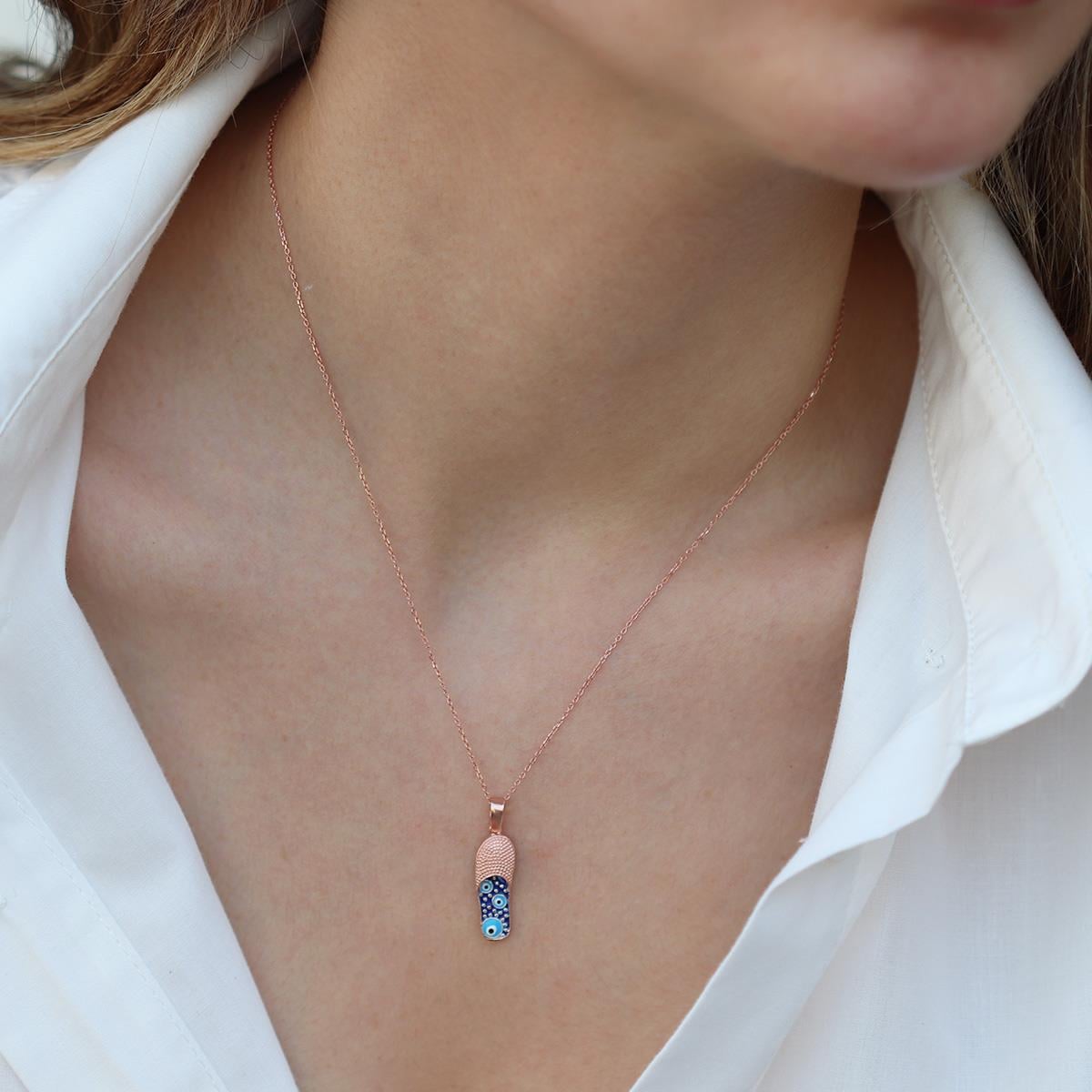 Nazar Boncuklu Rose Gold Kaplama Terlik Gümüş Kolye