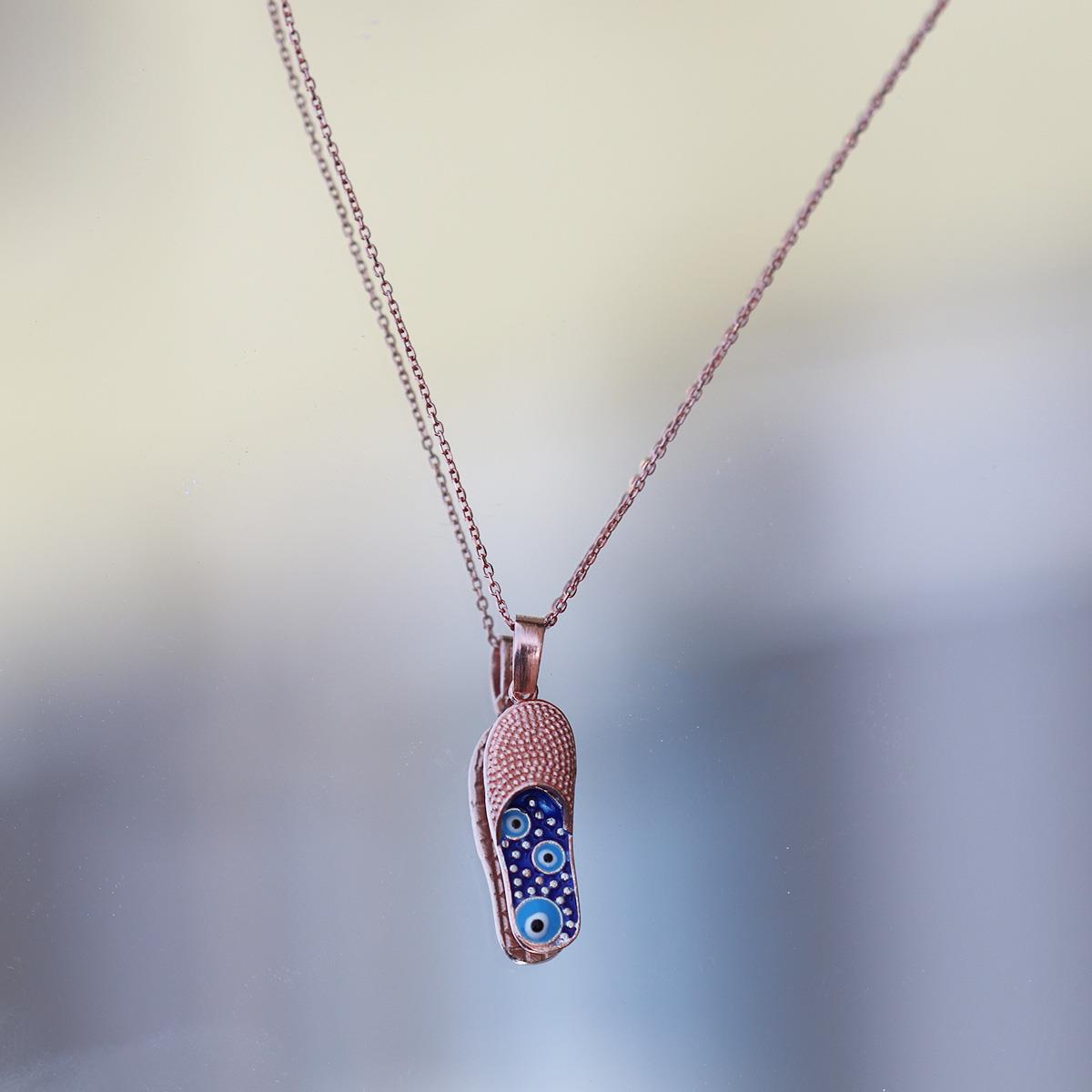 Nazar Boncuklu Rose Gold Kaplama Terlik Gümüş Kolye