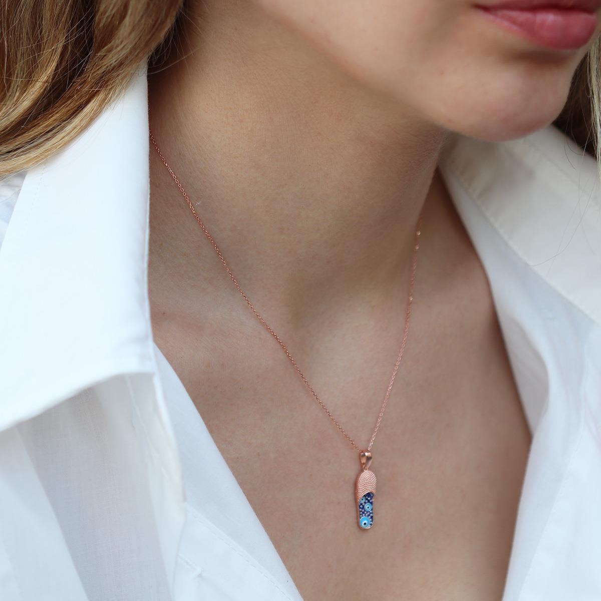 Nazar Boncuklu Rose Gold Kaplama Terlik Gümüş Kolye