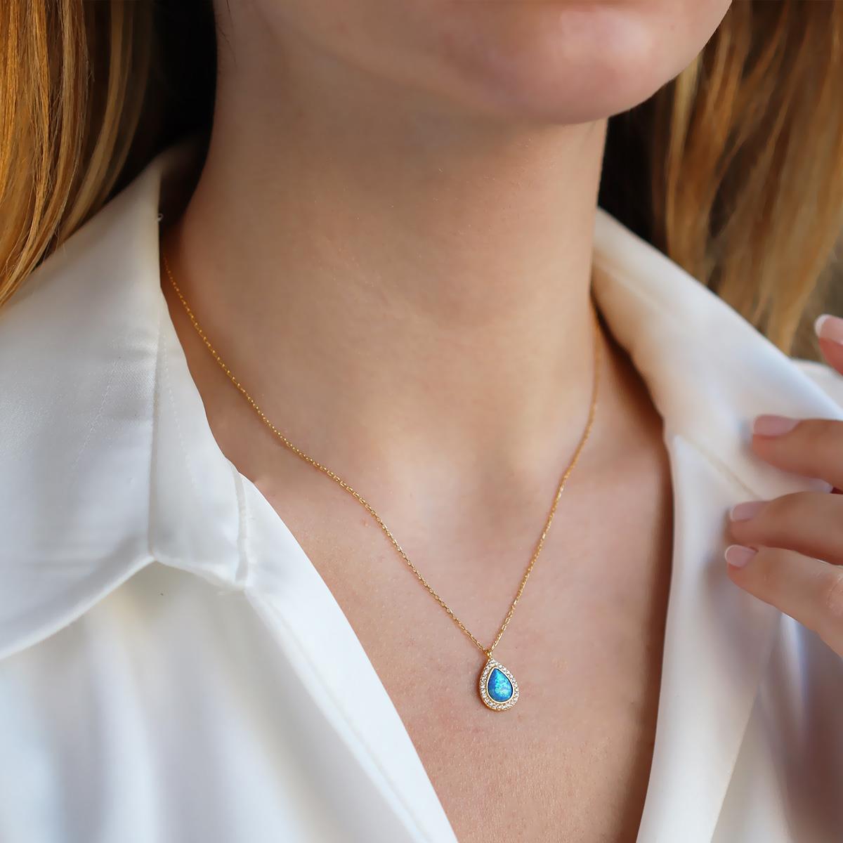 Opal Damla Taşlı Gold Kaplama Gümüş Kolye