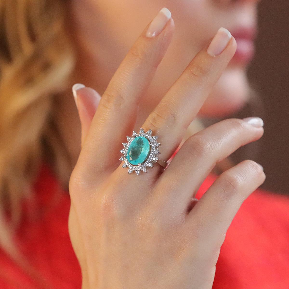 Oval Pırıltılı Paraiba Taşlı Gümüş Yüzük