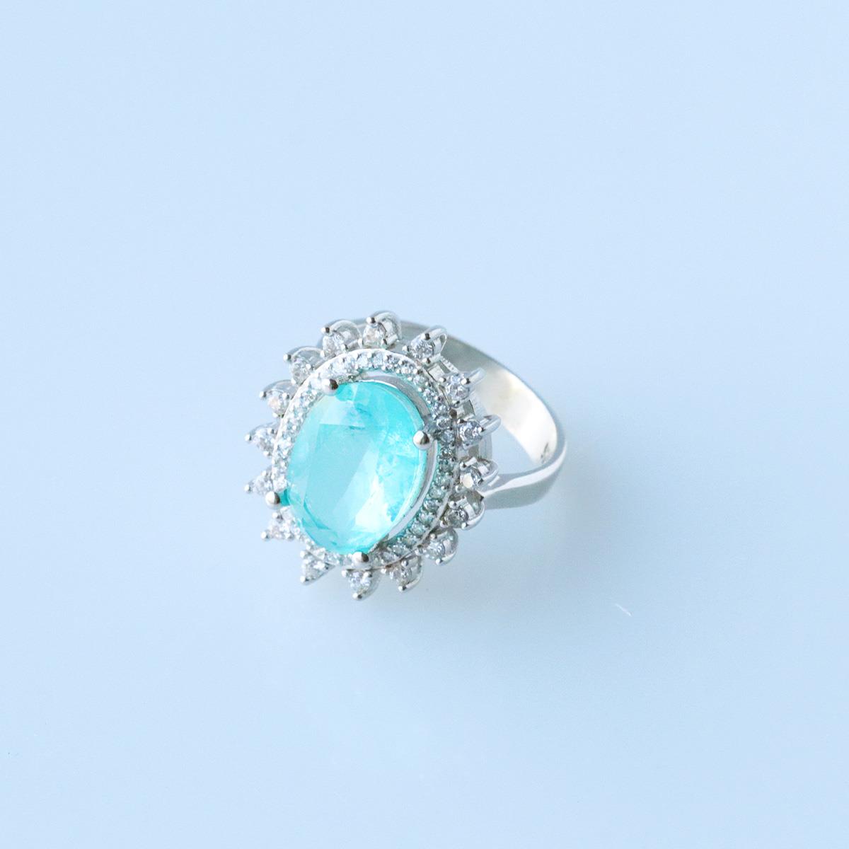 Oval Pırıltılı Paraiba Taşlı Gümüş Yüzük