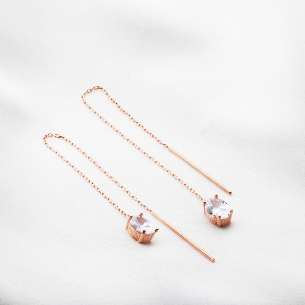 Oval Zirkon Taşlı Rose Gold Kaplama Gümüş Zincir Küpe