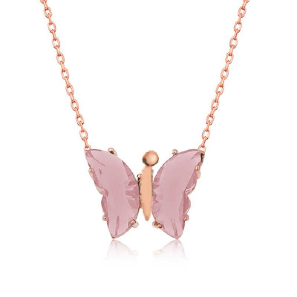 Pembe Kelebek Model Rose Gold Kaplama Zirkon Taşlı Gümüş Kolye