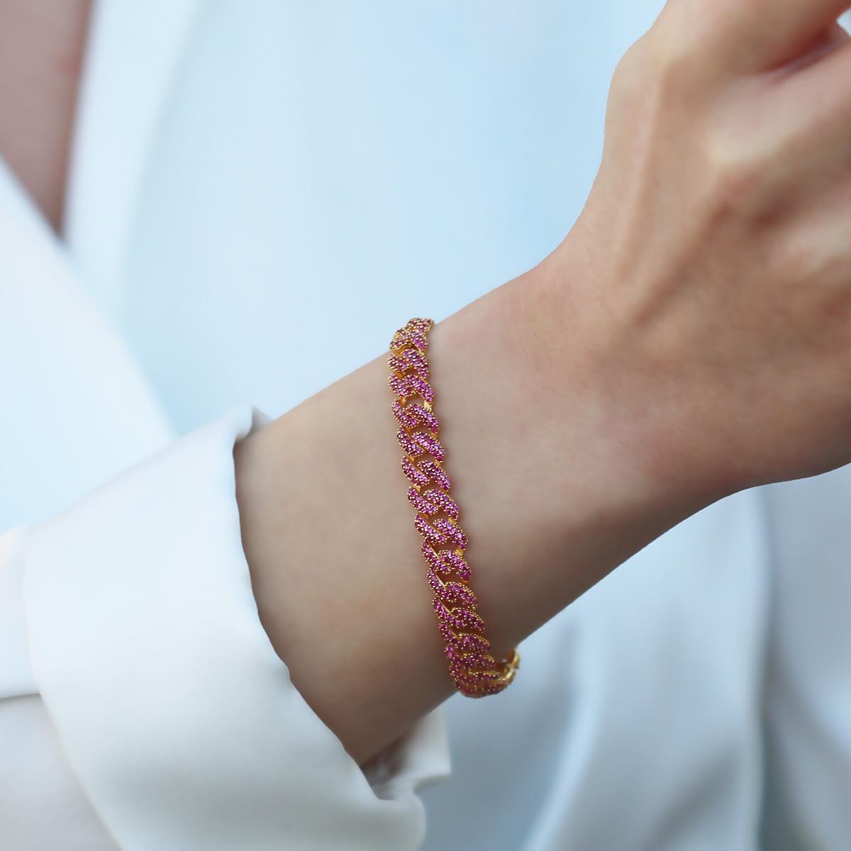 Pembe Zirkon Taş Gold Kaplama Gümüş Gurmet Bileklik