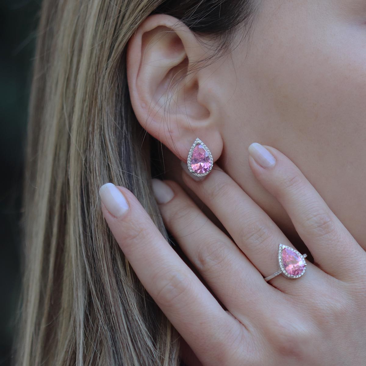Pembe Zirkon Taşlı Damla Modeli Gümüş Takım