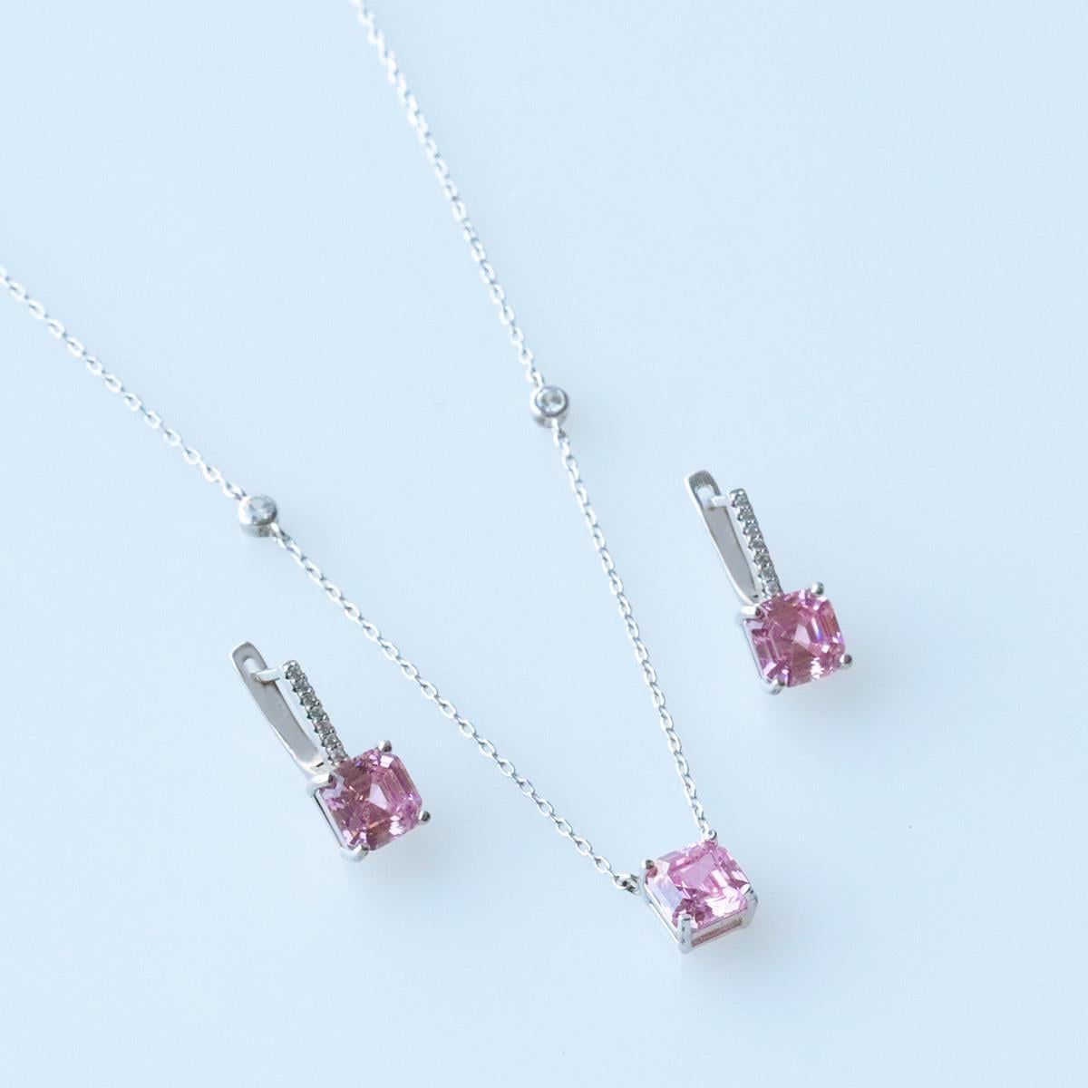 Pembe Zirkon Taşlı Prenses Kesim Gümüş Set