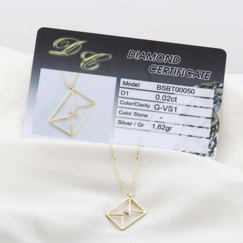 Pırlanta Taş Zarf 0.02 CT Gold Micron Kaplama Gümüş Kolye