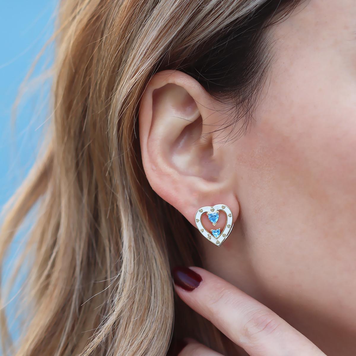 Queen Beyaz Kalp Çift Taraflı Gümüş Küpe