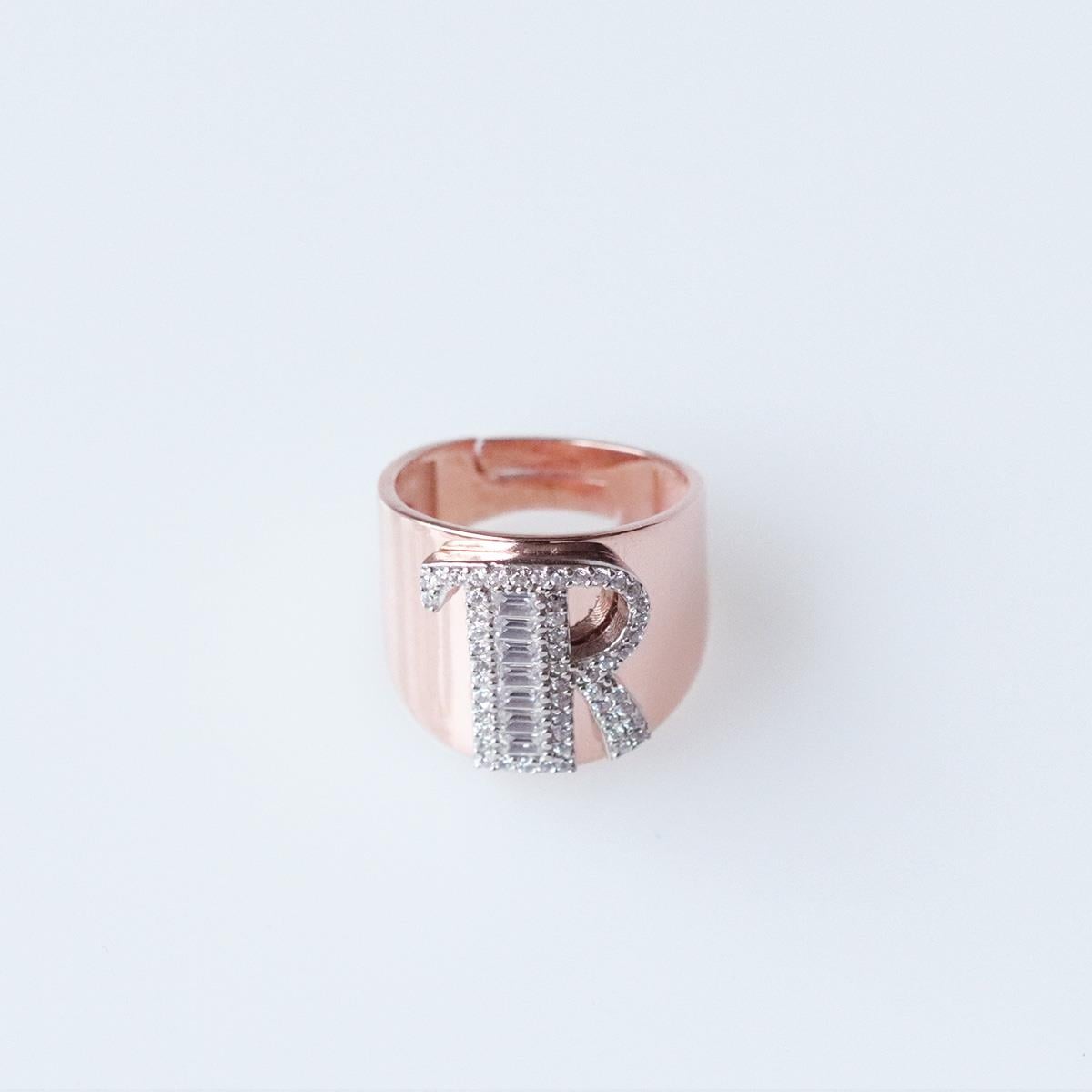 R Harfi Baget Taşlı Rose Gold Kaplama Gümüş Yüzük