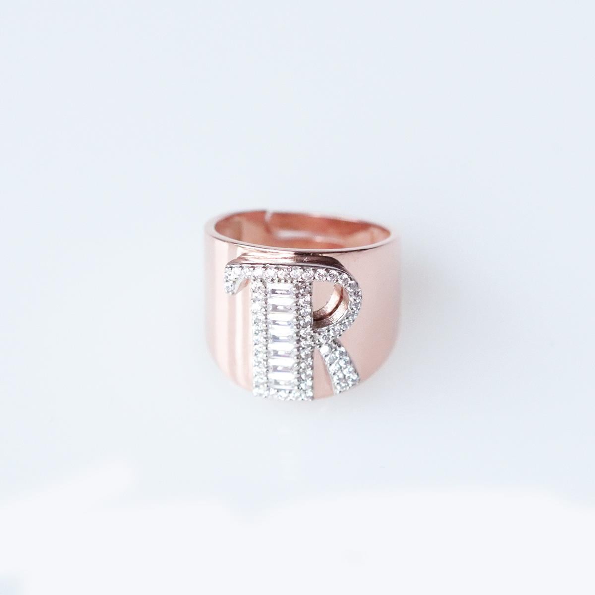R Harfi Baget Taşlı Rose Gold Kaplama Gümüş Yüzük