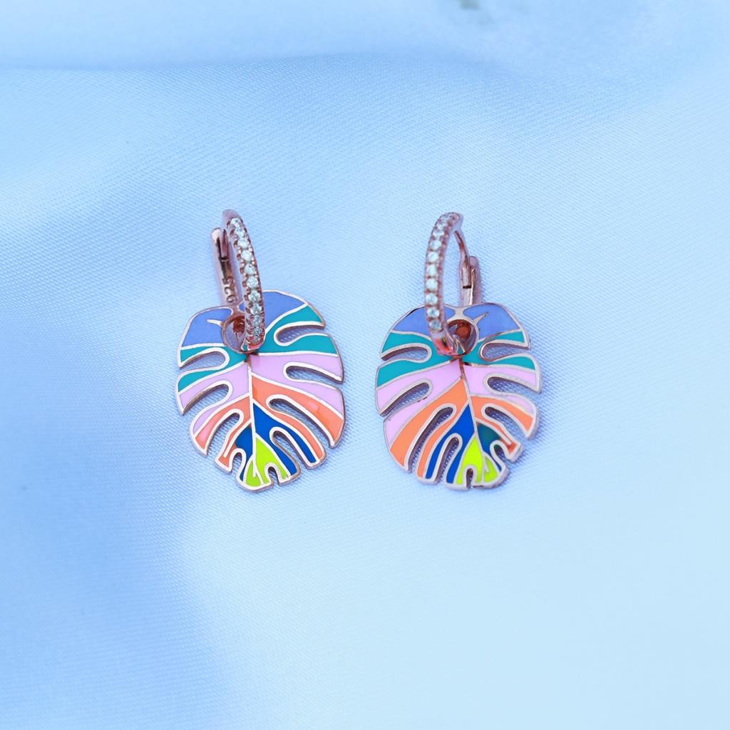 Rainbow Rose Gold Kaplama Mine İşli Yaprak Gümüş Küpe