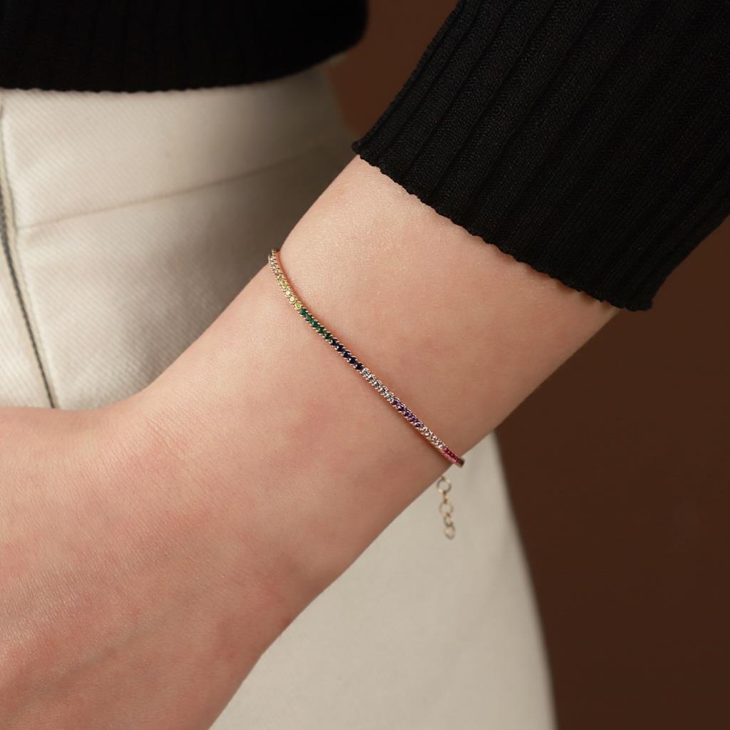 Rainbow Zirkon Taşlı Rose Gold Kaplama Gümüş Su Yolu Bileklik