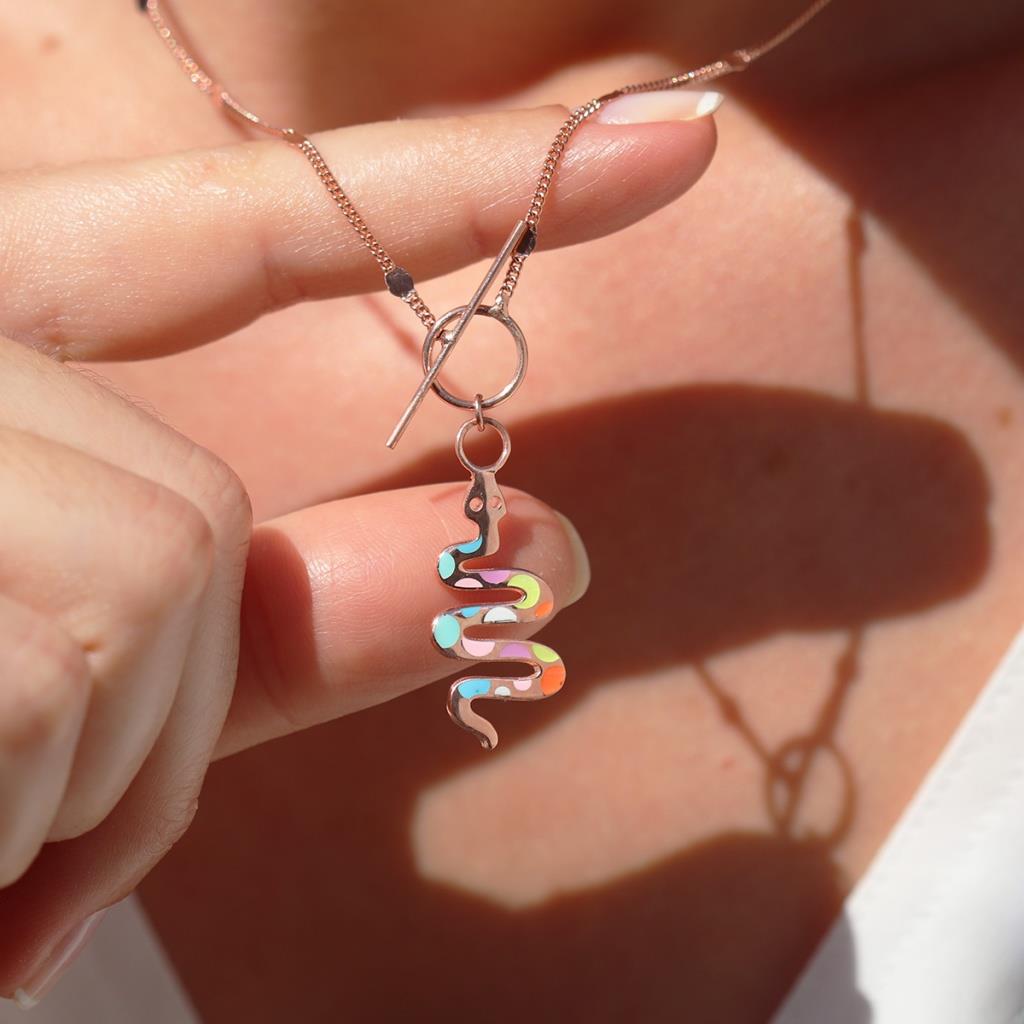 Renkli Mine İşli Önden Klipsli Rose Gold Kaplama Yılan Gümüş Kolye