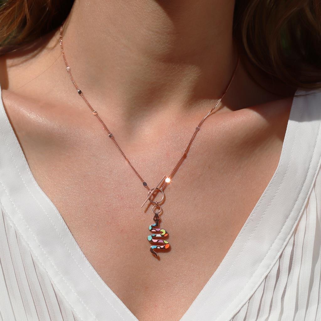 Renkli Mine İşli Önden Klipsli Rose Gold Kaplama Yılan Gümüş Kolye