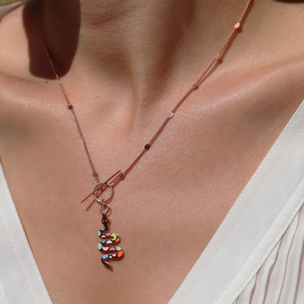 Renkli Mine İşli Önden Klipsli Rose Gold Kaplama Yılan Gümüş Kolye