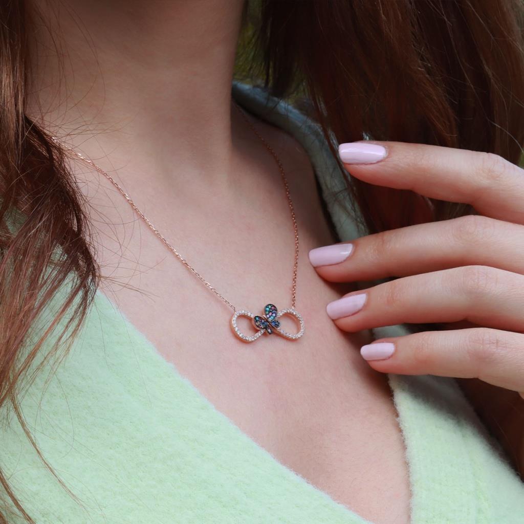 Renkli Zİrkon Taşlı Kelebek Detaylı Sonsuzluk Rose Gold Kaplama Gümüş Kolye
