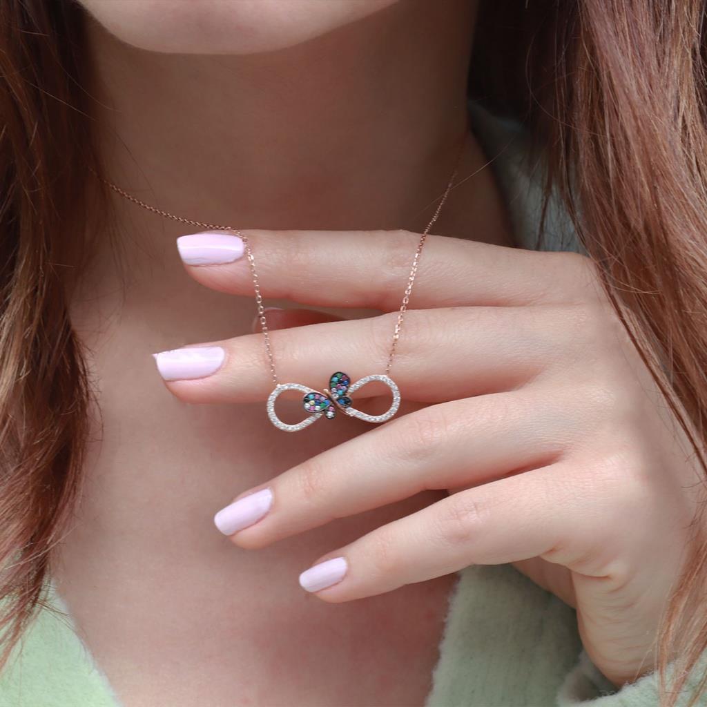 Renkli Zİrkon Taşlı Kelebek Detaylı Sonsuzluk Rose Gold Kaplama Gümüş Kolye