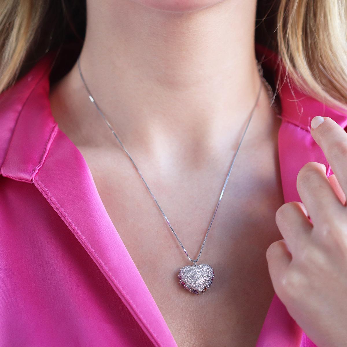 Renkli Zirkon Taşlı Açılır Kapanır Kalp Gümüş Kolye