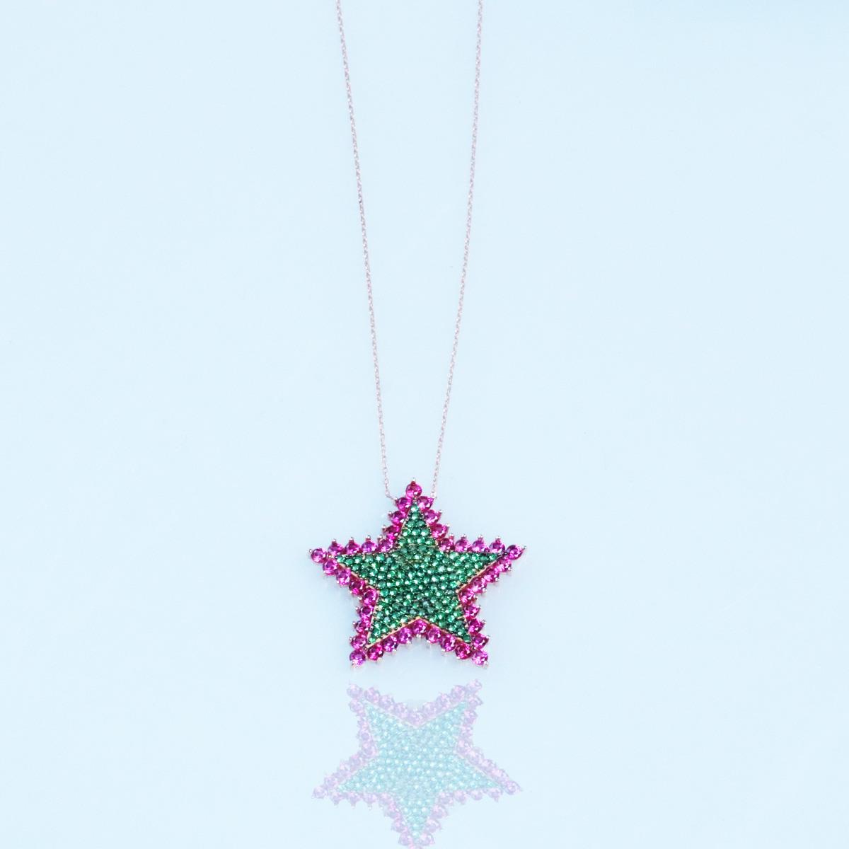 Renkli Zirkon Taşlı Alice Star Rose Gold Kaplama Gümüş Kolye