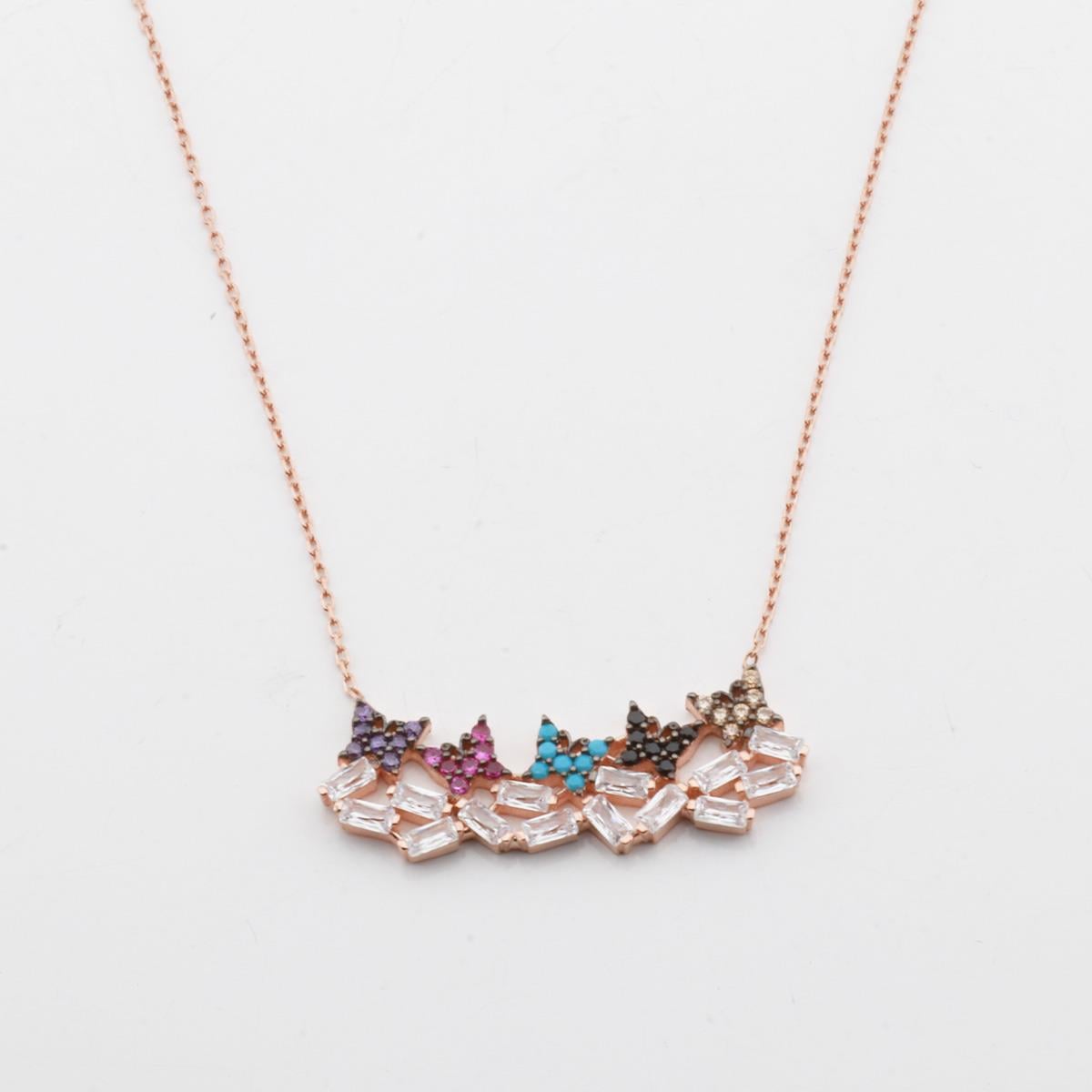 Renkli Zirkon Taşlı Baget Kelebek Modeli Rose Gold Kaplama Gümüş Kolye