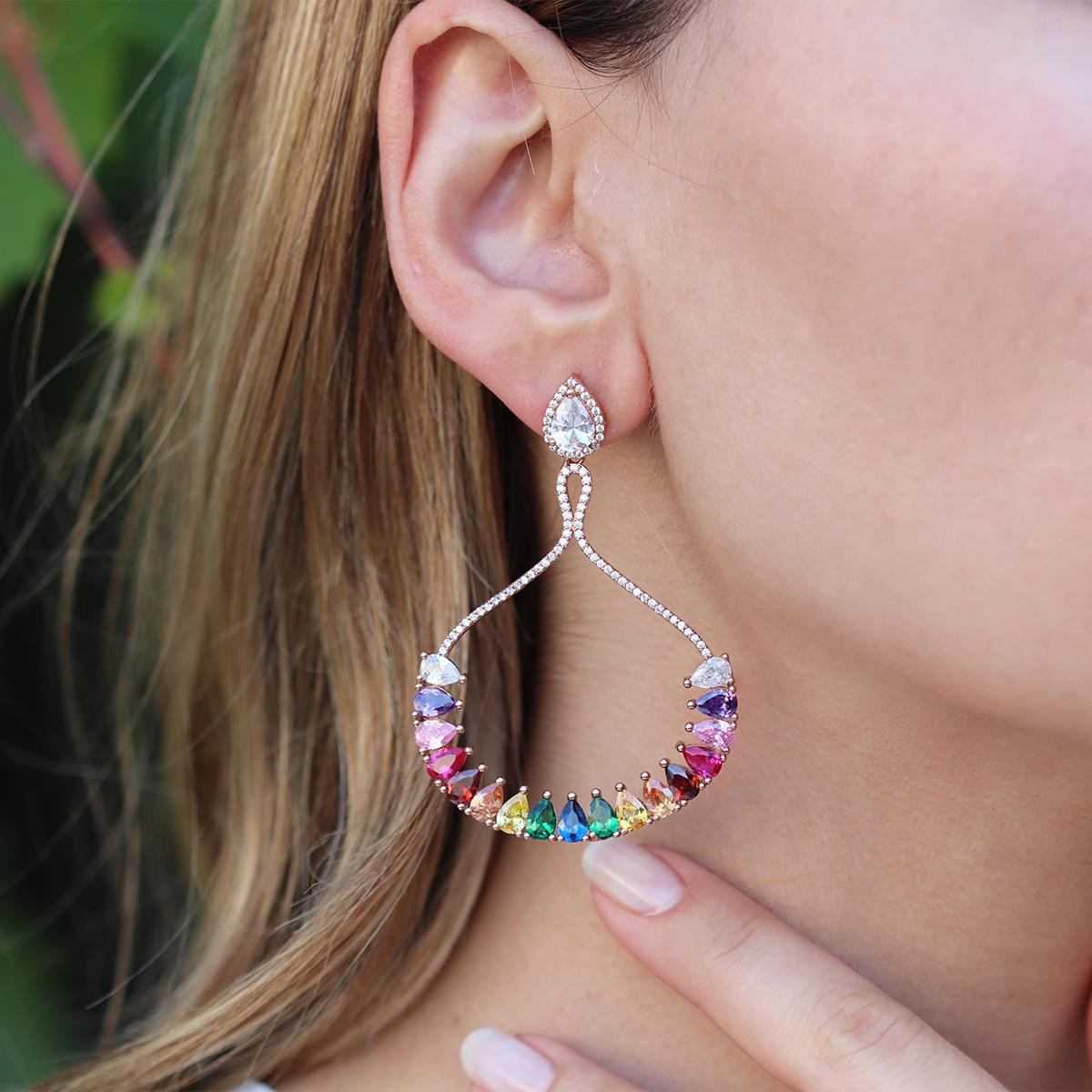 Renkli Zirkon Taşlı Damla Modeli Rose Gold Kaplama Gümüş Küpe