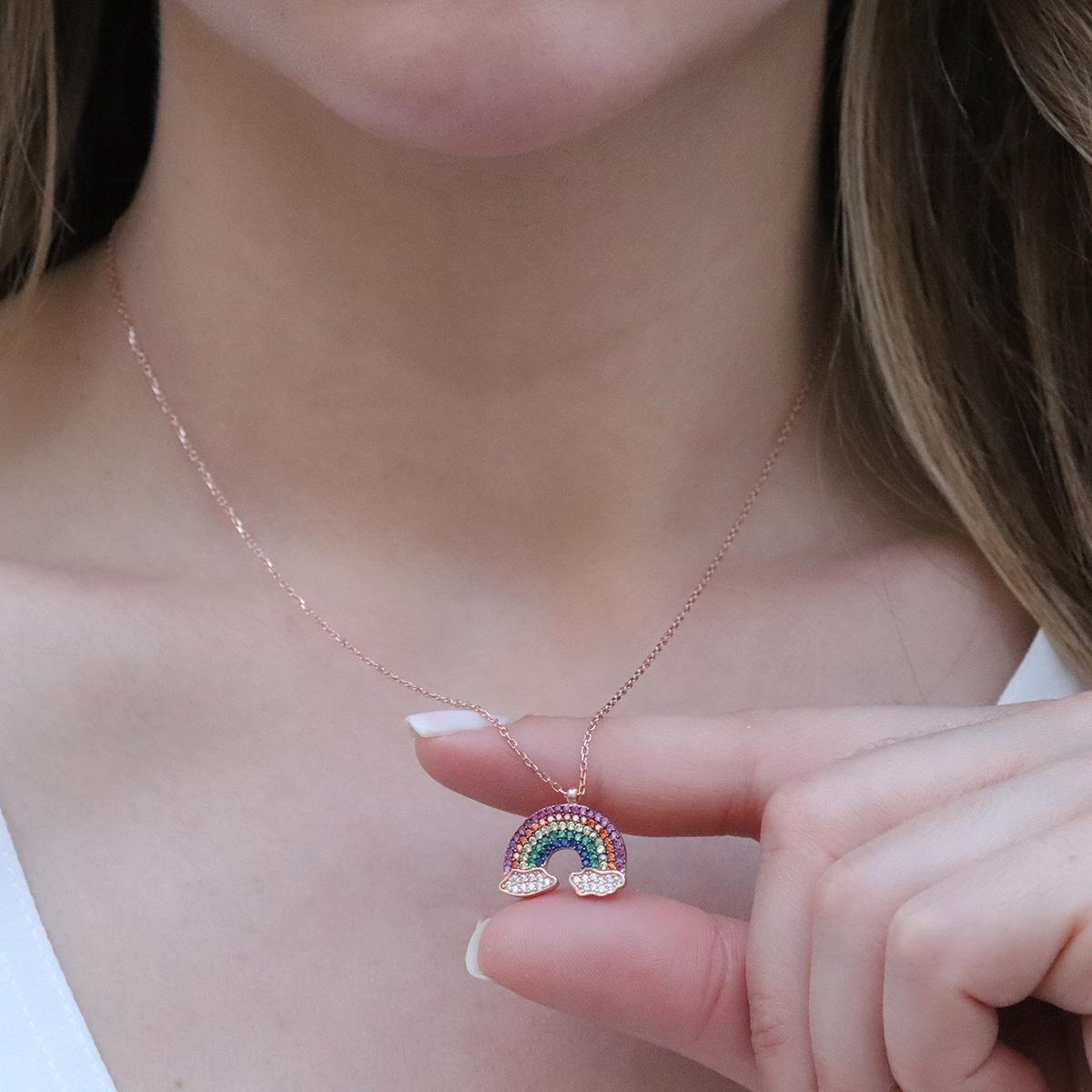 Renkli Zirkon Taşlı Gökkuşağı Rose Gold Kaplama Gümüş Kolye