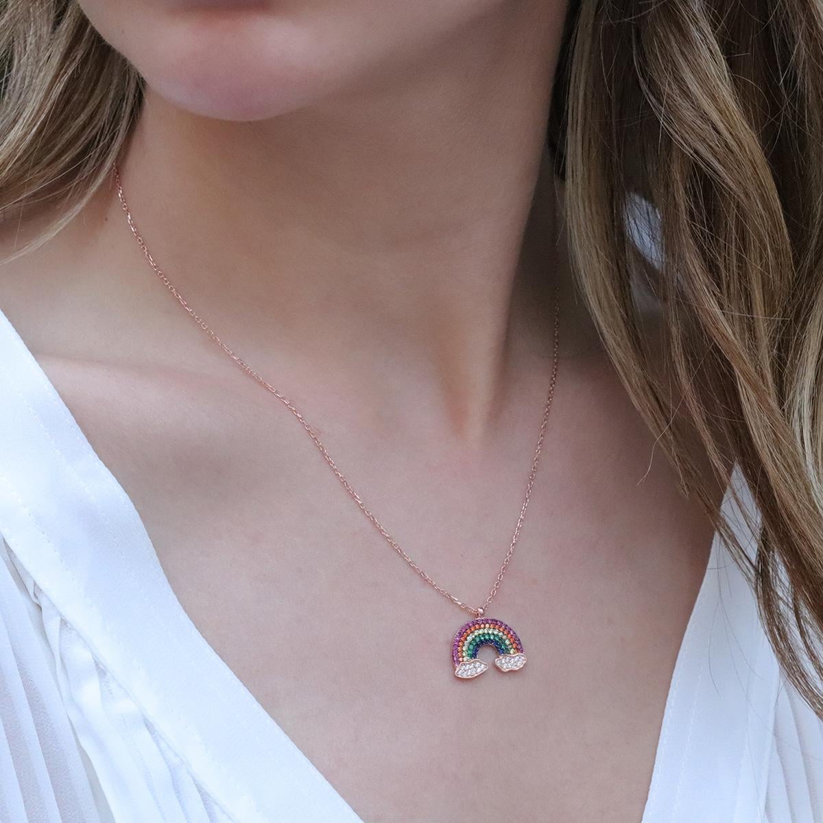 Renkli Zirkon Taşlı Gökkuşağı Rose Gold Kaplama Gümüş Kolye