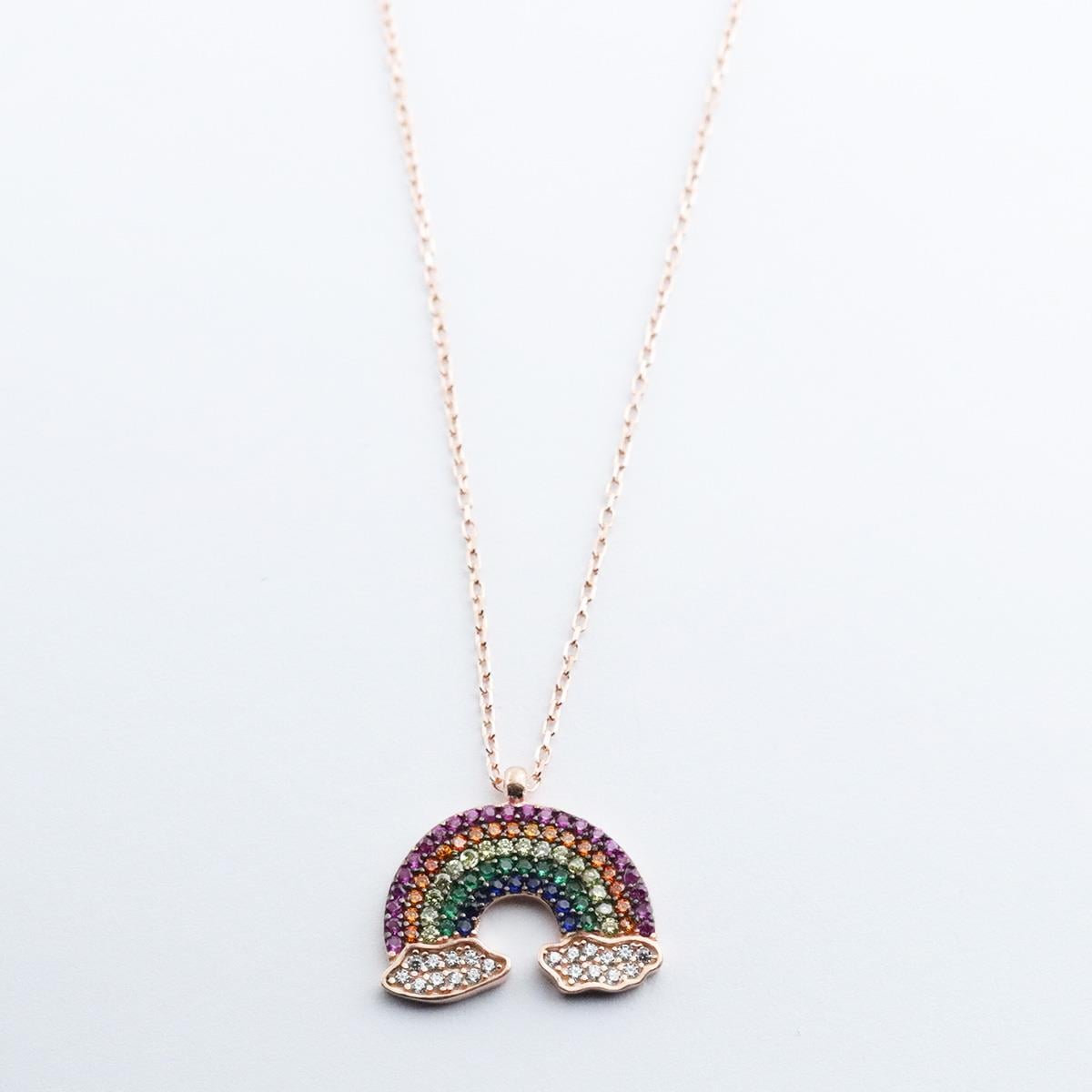 Renkli Zirkon Taşlı Gökkuşağı Rose Gold Kaplama Gümüş Kolye