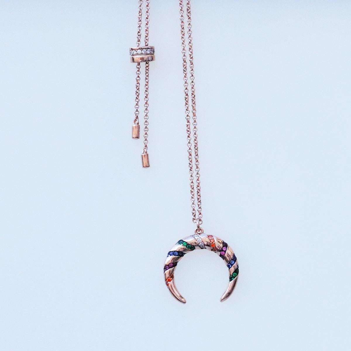 Renkli Zirkon Taşlı Hilal Modeli Rose Gold Kaplama Gümüş Kolye