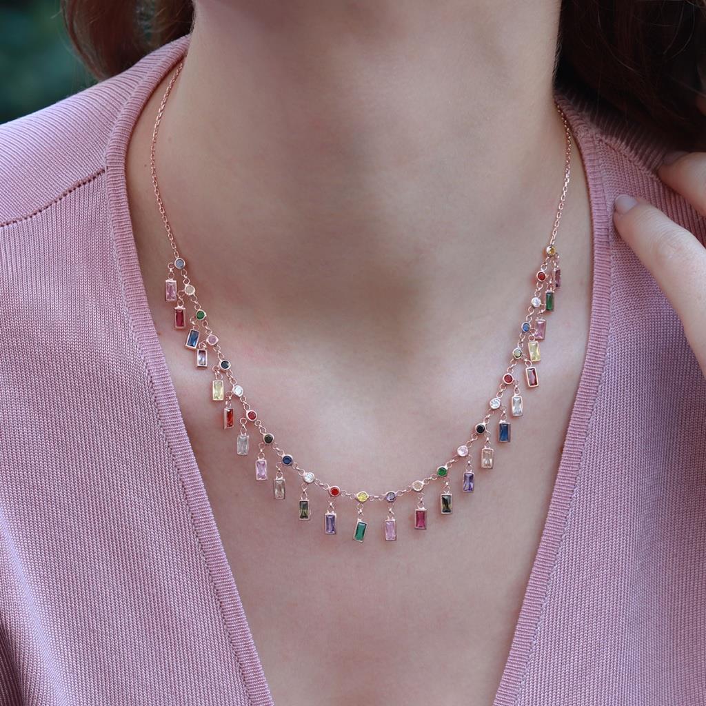 Renkli Zirkon Taşlı Rose Gold Kaplama Trend Gümüş Kolye