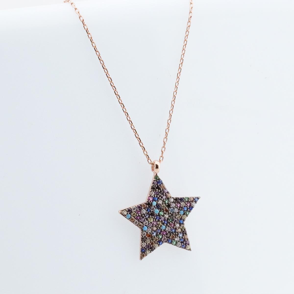 Renkli Zirkon Taşlı Rose Gold Kaplama Yıldız Gümüş Kolye