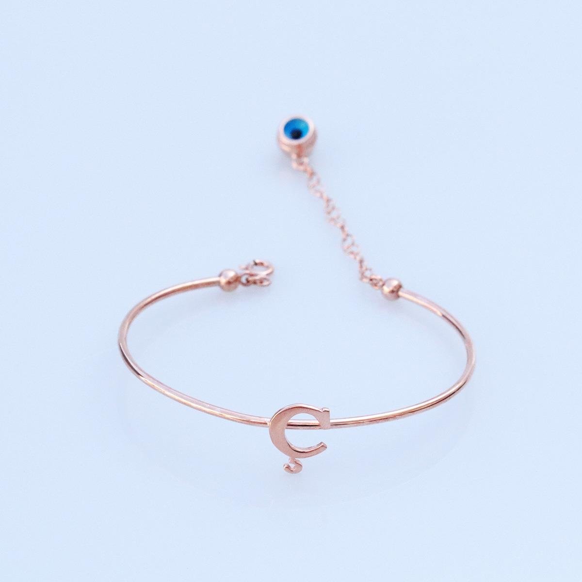 Rose Gold Kaplama Nazar Boncuklu Ç Harfi Gümüş Bileklik