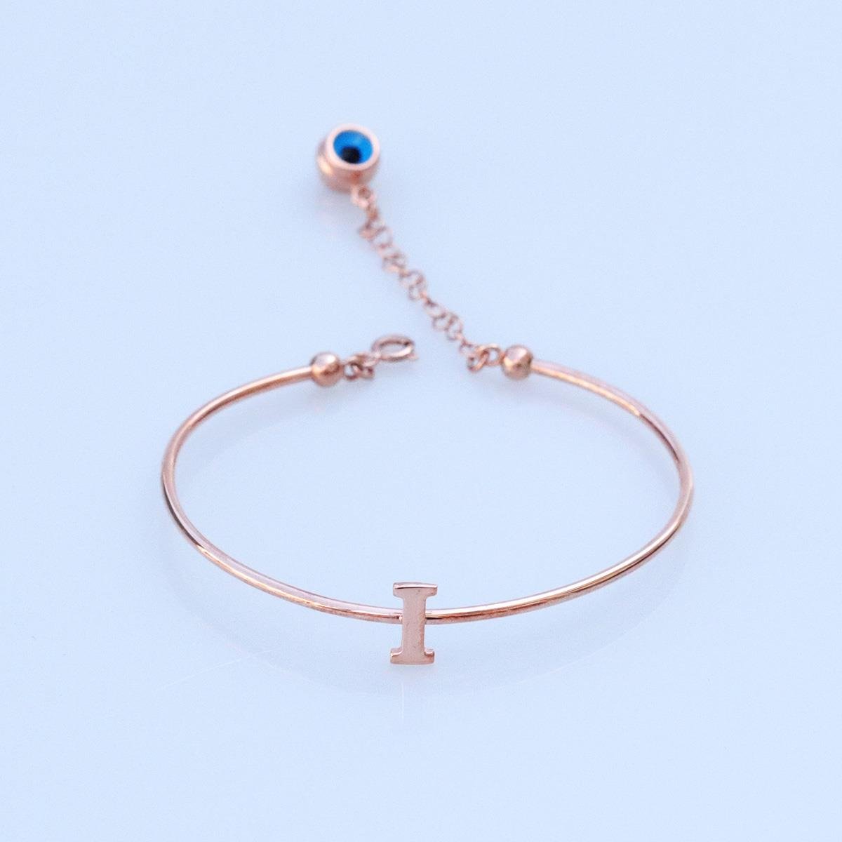 Rose Gold Kaplama Nazar Boncuklu I Harfi Gümüş Bileklik