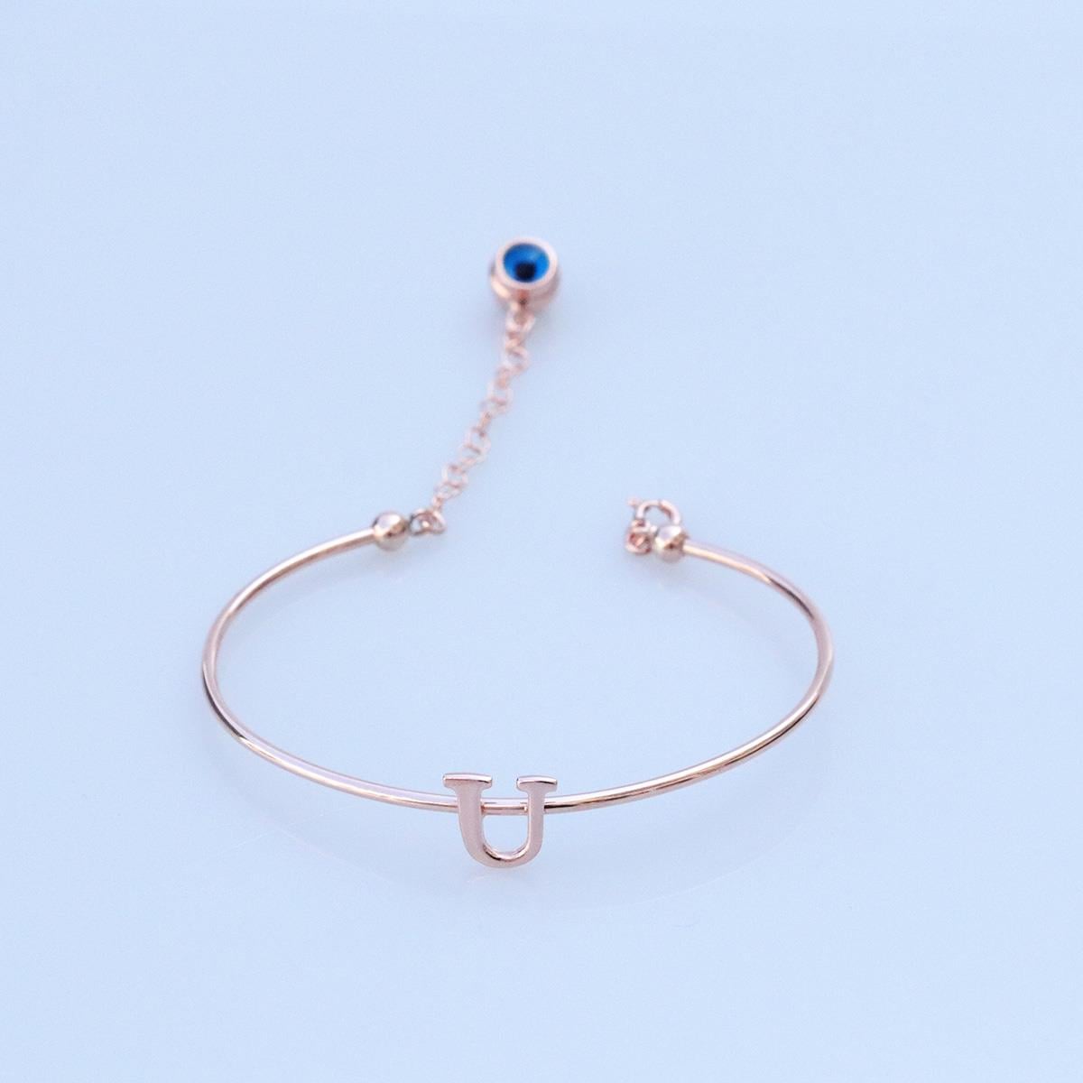 Rose Gold Kaplama Nazar Boncuklu U Harfi Gümüş Bileklik