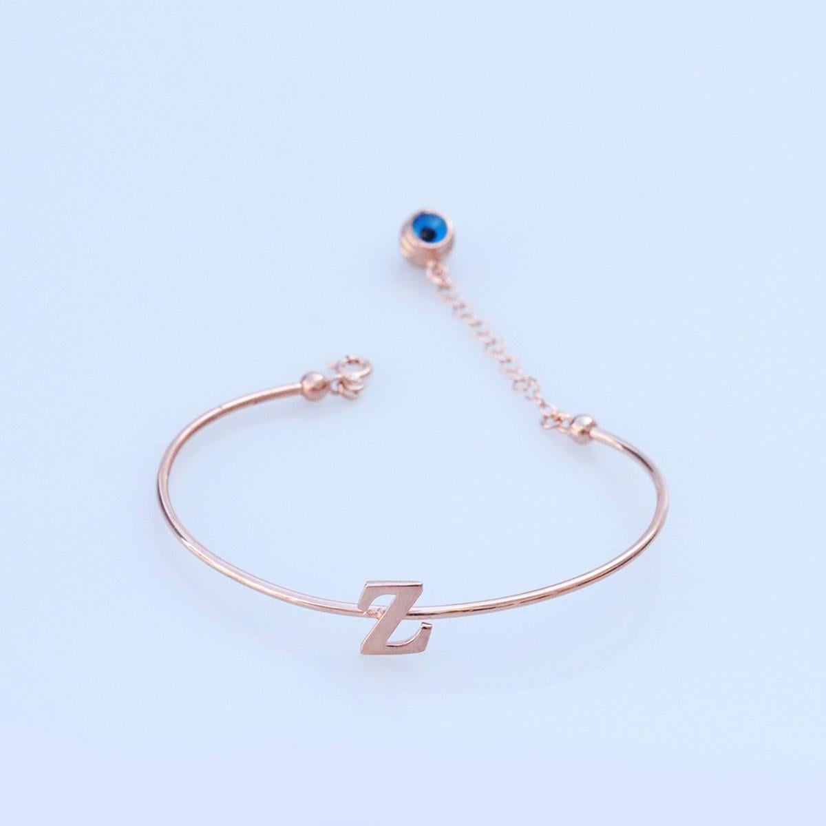 Rose Gold Kaplama Nazar Boncuklu Z Harfi Gümüş Bileklik