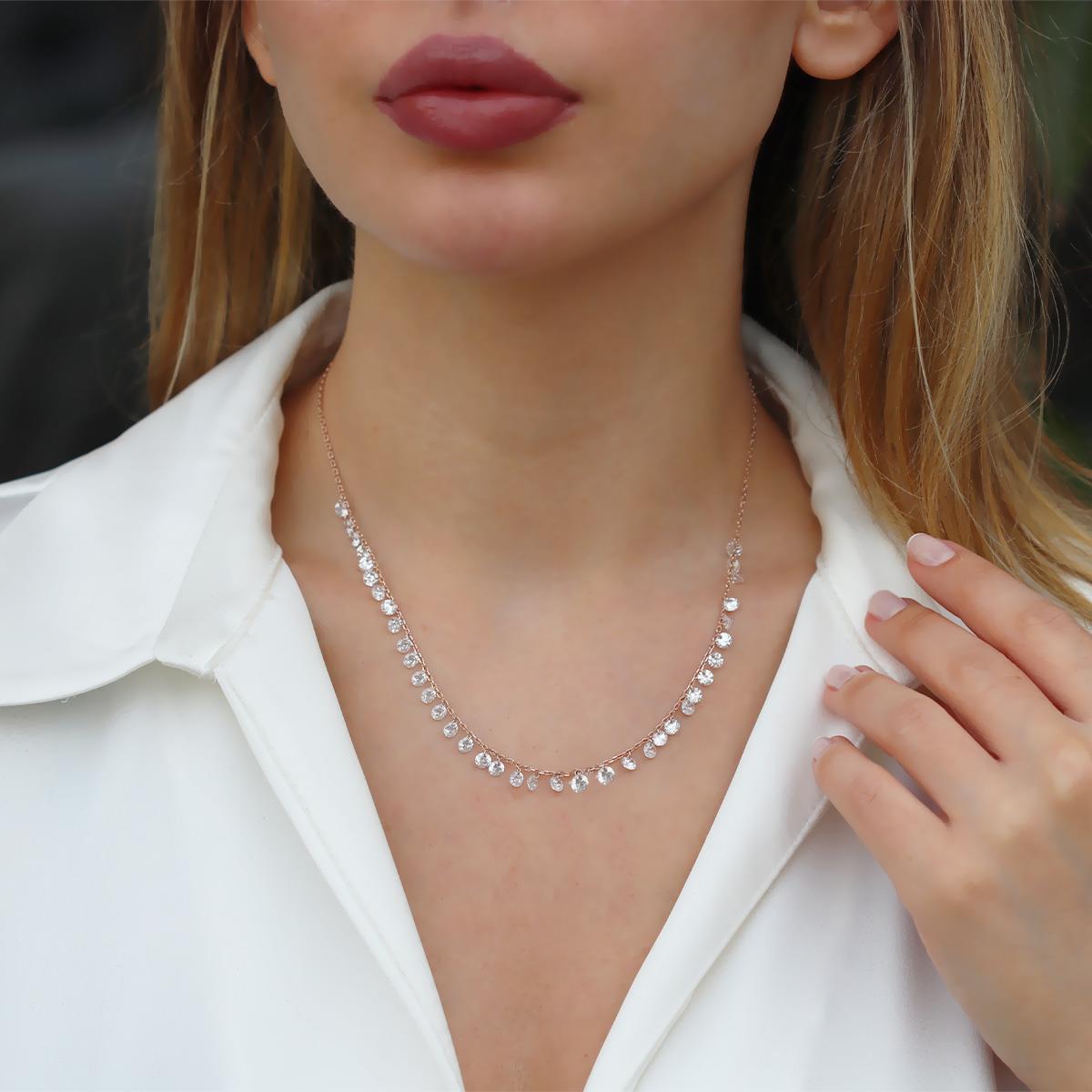 Rose Gold Kaplama Sıra Zirkon Taş Gümüş Kolye