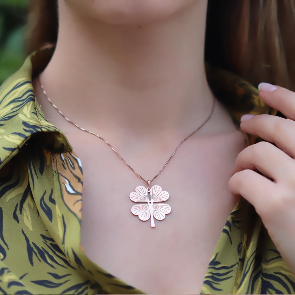 Rose Gold Kaplama Yonca Gümüş Kolye
