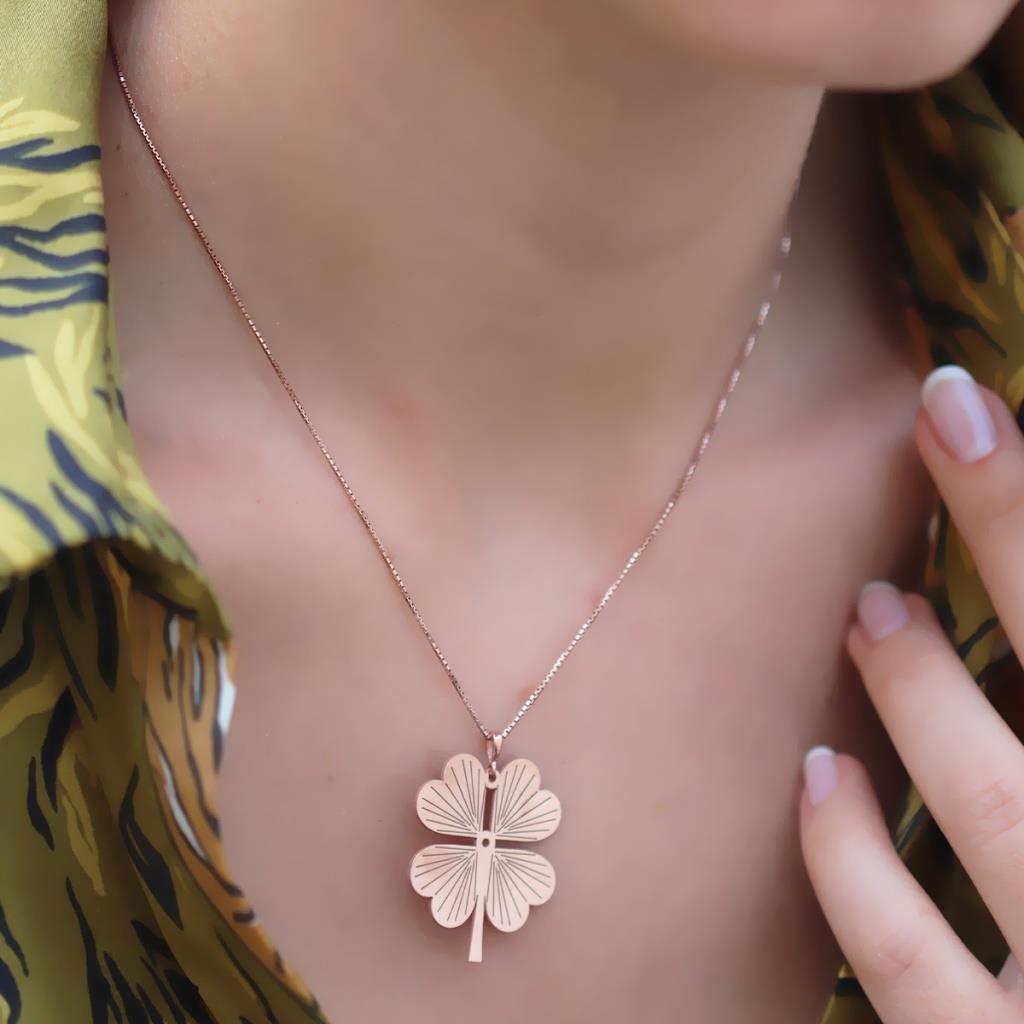 Rose Gold Kaplama Yonca Gümüş Kolye
