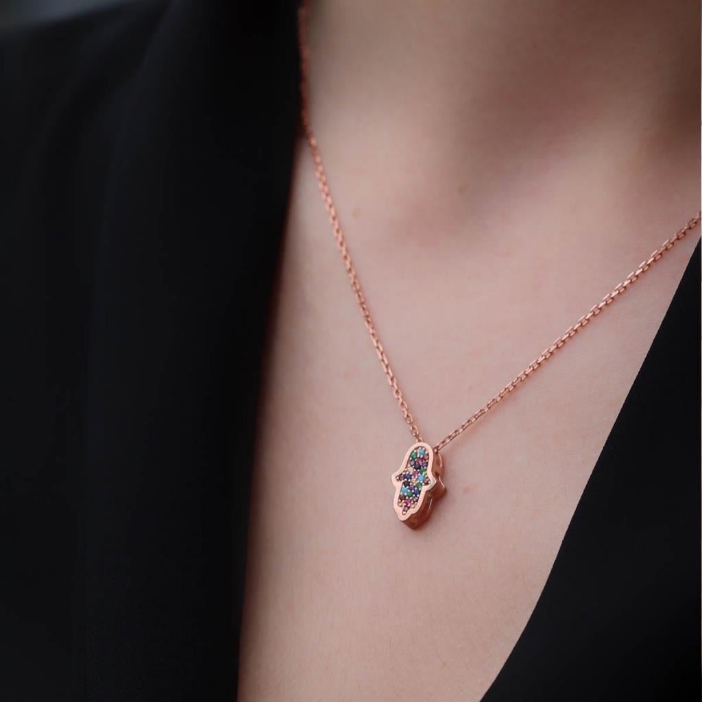 Rosegold Kaplama Çift Taraflı Fatma Ana Eli içi Zirkon Taşlı 925 Ayar Gümüş Kolye