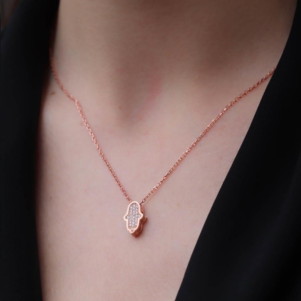 Rosegold Kaplama Çift Taraflı Fatma Ana Eli içi Zirkon Taşlı 925 Ayar Gümüş Kolye