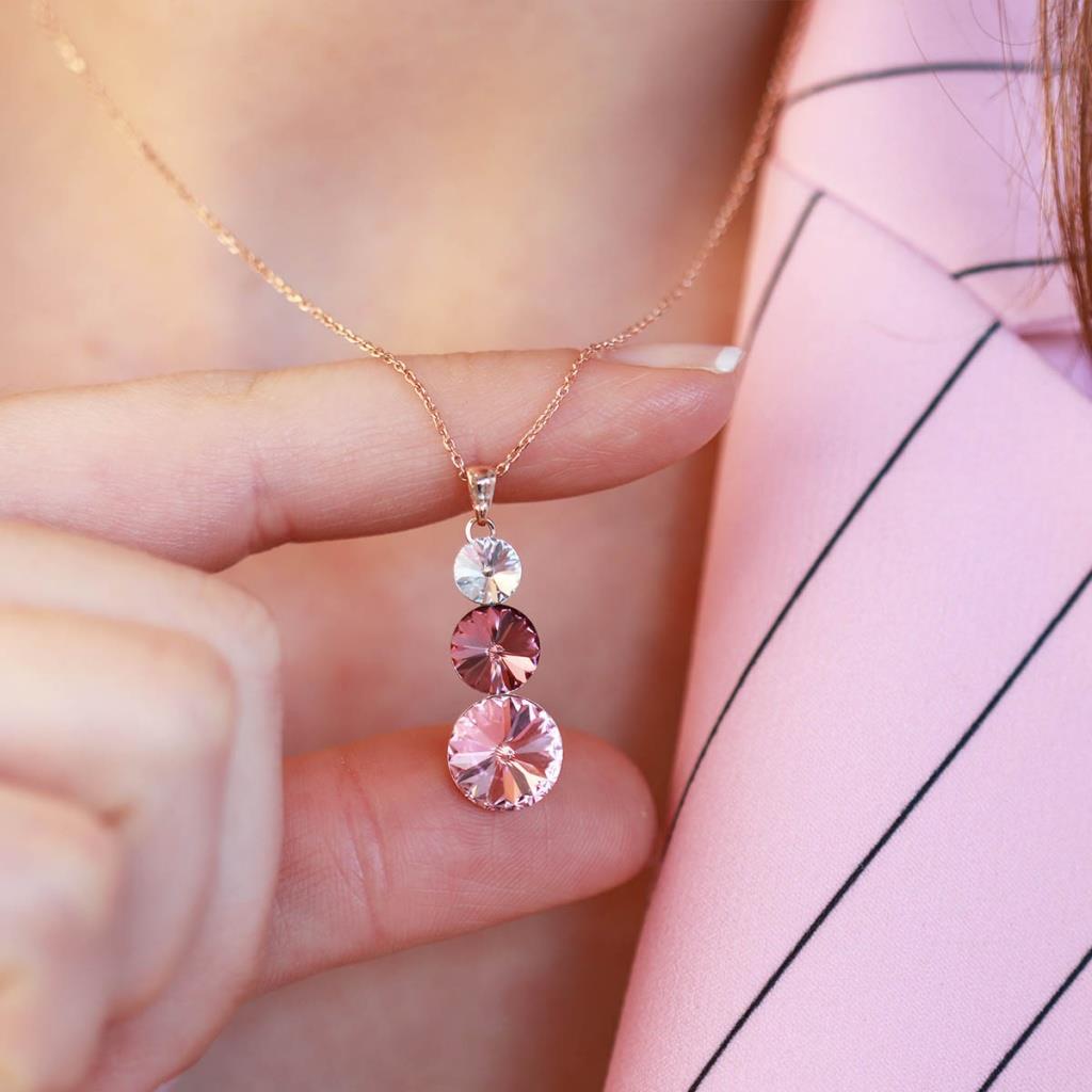 Round Kesim 3 Taşlı Rose Gold Kaplama Gümüş Kolye