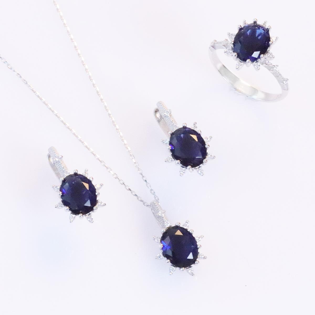 Safir Taşlı Elips Lotus Çiçeği Gümüş Set
